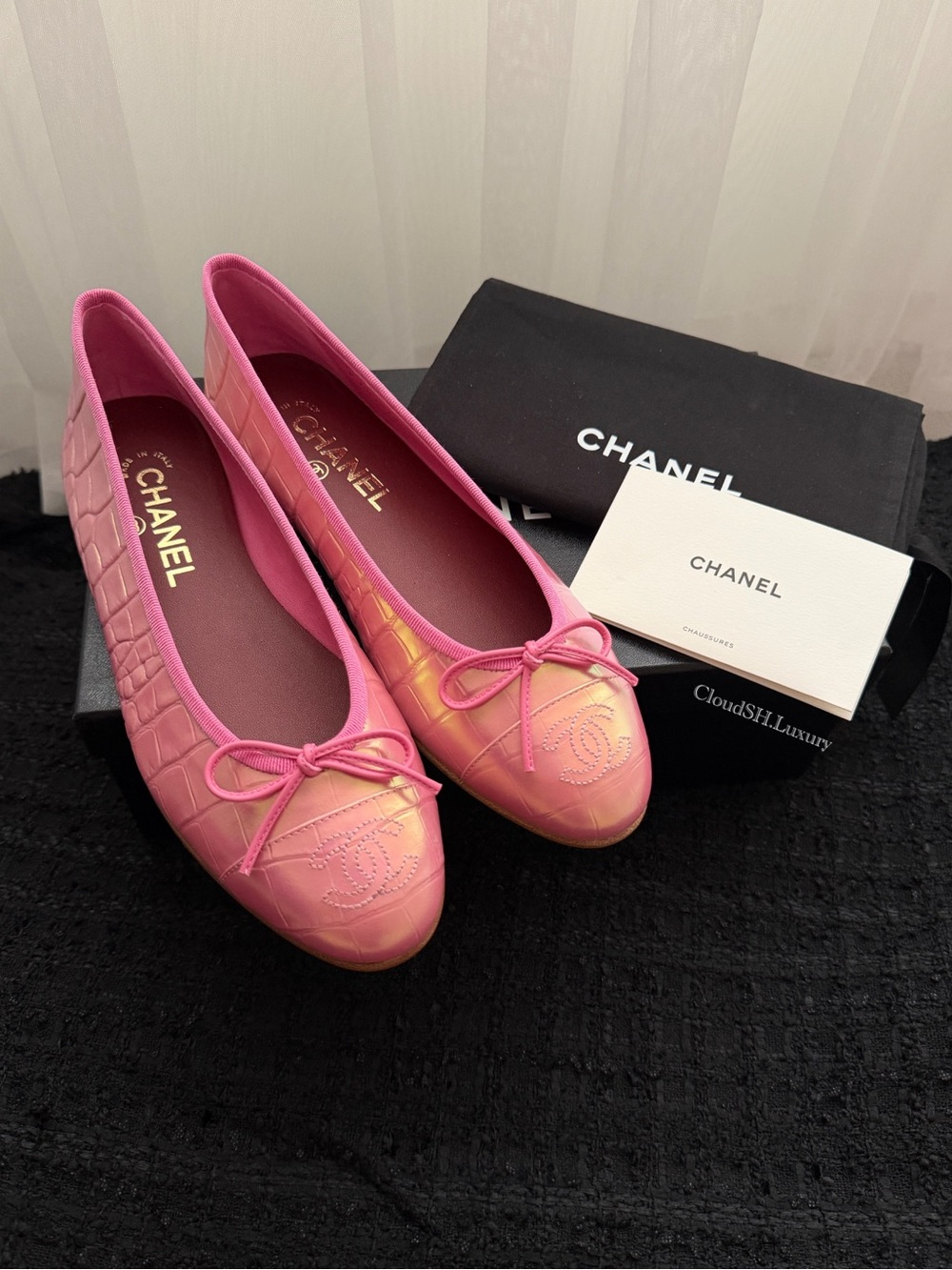 Chanel 26K Croc Embossed Iridescent Pink CC Logo Ballerinas Ballet Flats - 38